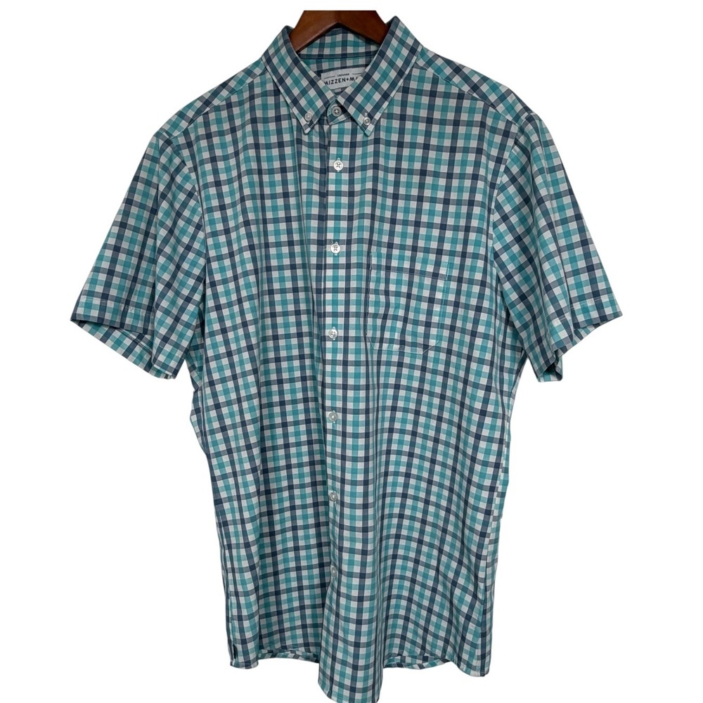 Mizzen+Main Leeward Mens Short Sleeve Button Down Shirt Blue Teal Gingham XL